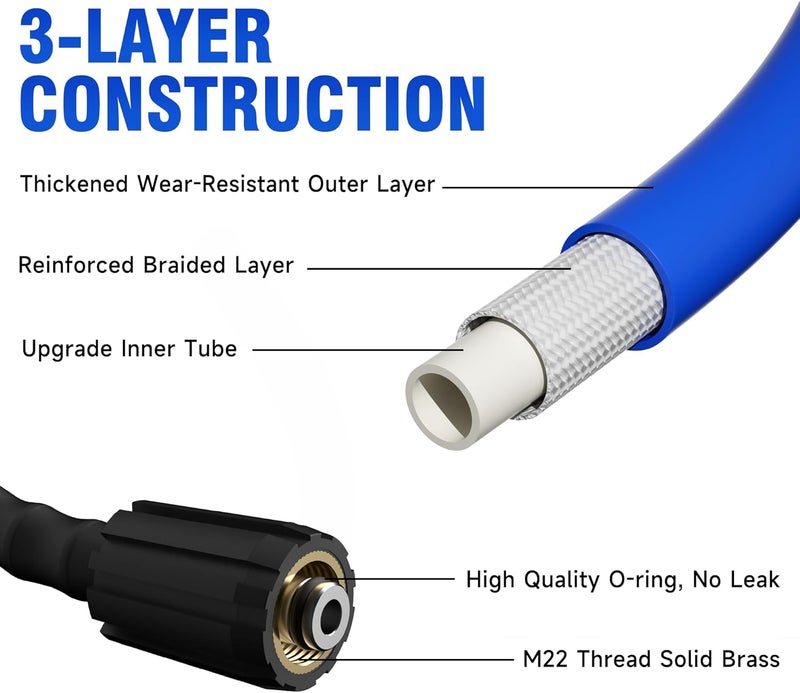 ClearRush Pressure Washer Hose 100FT 1/4'' Kink Resistant 3600 PSI Power Washer Hose Extension with Leak-Free M22 Female and 3/8" Quick Connection Kit (100FT) - Image 2